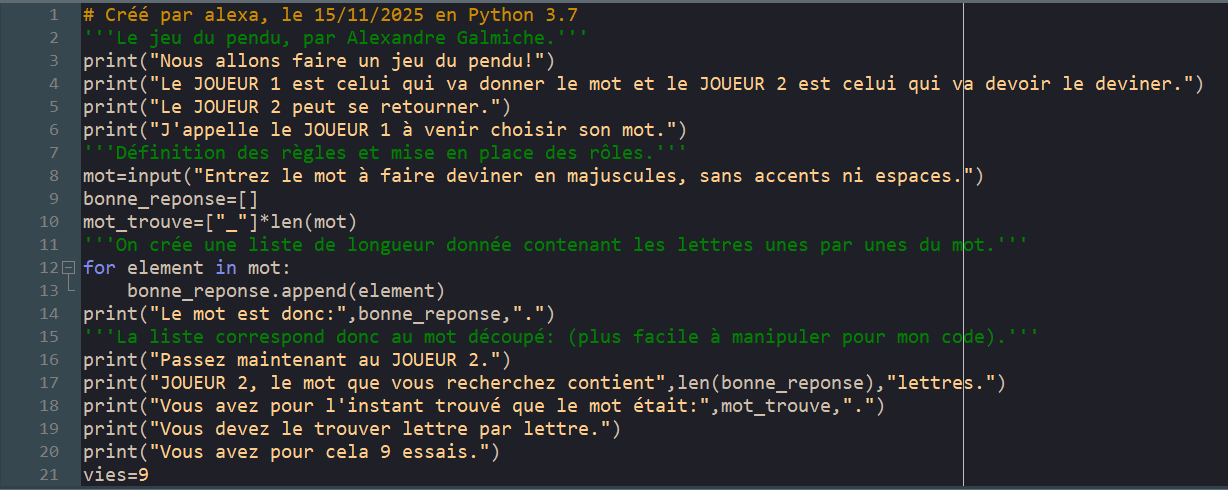 Photo de mon code Python, partie 1.